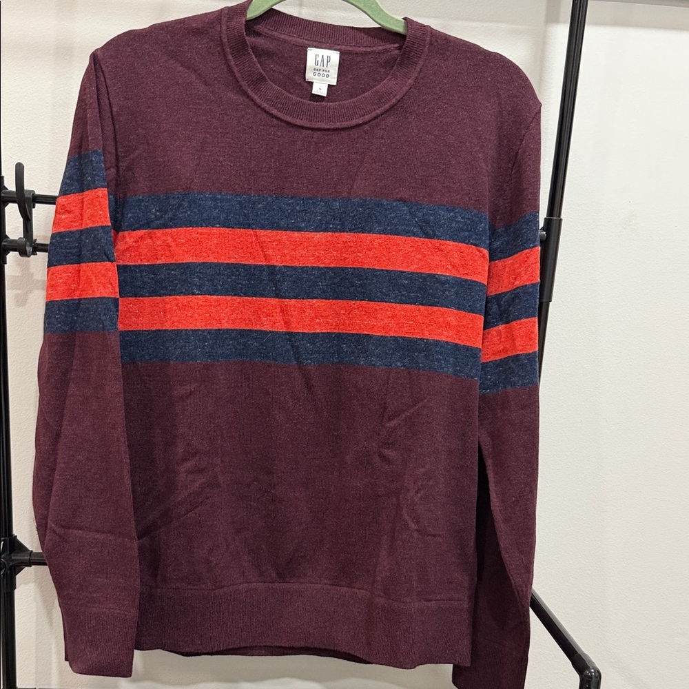 GAP Men's Maroon Sweater with Red and Navy Stripes